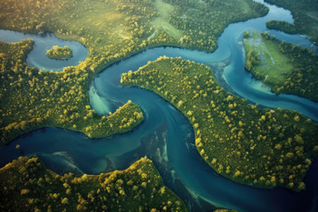aerial view of a meandering river delta, created with generative aiの素材