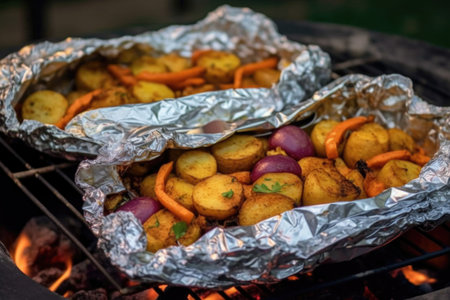 close-up of foil packet dinners on campfire grill, created with generative aiの素材