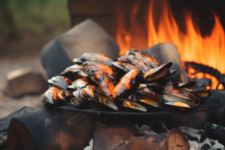 close-up of mussels cooking on campfire grill, created with generative aiの素材