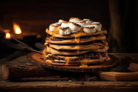campfire pancakes stacked on a rustic wooden plate, created with generative aiの素材
