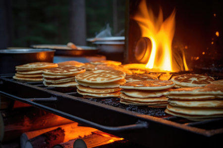pancakes cooking on an outdoor griddle with campfire flames in the background, created with generative aiの素材