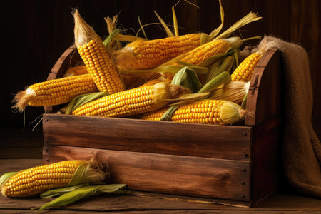 freshly harvested corn cobs in a wooden crate or basket, created with generative aiの素材