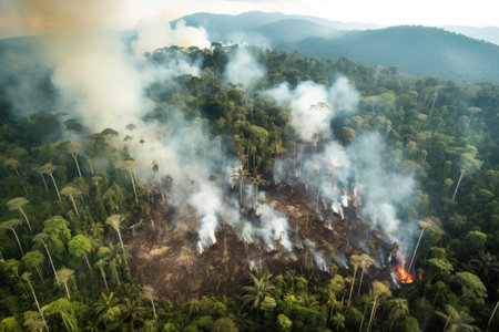 smoke rising from a burning rainforest due to slash and burn, created with generative aiの素材
