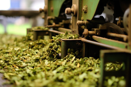 close-up of tea leaves being rolled in machinery, created with generative aiの素材