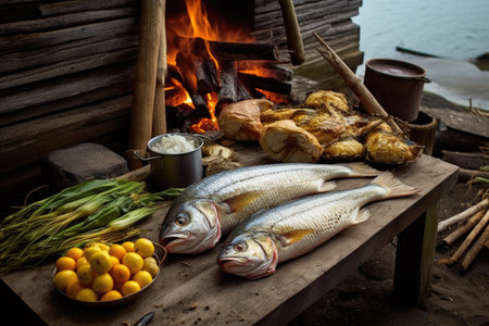 beachside barbecue with skewered seafood delight, created with generative aiの素材