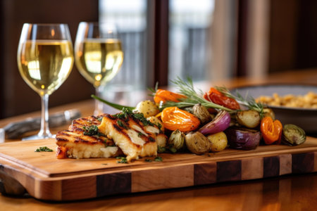 halloumi on cedar plank with grilled veggies beside it, created with generative aiの素材