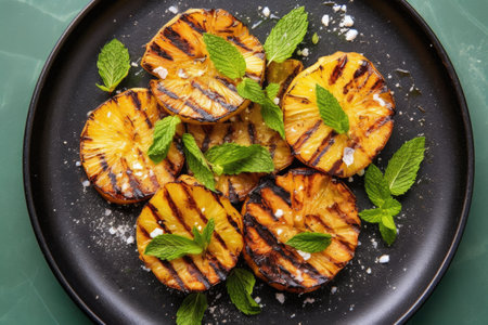 overhead shot of grilled pineapple with a mint garnish, created with generative aiの素材
