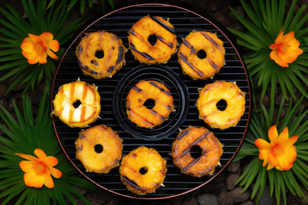 top view of pineapple rings on a barbecue grate, created with generative aiの素材