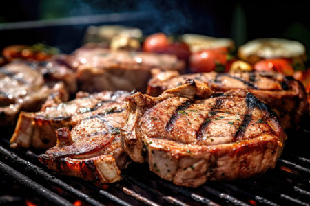 close-up of juicy pork chops on a hot bbq grill, created with generative aiの素材