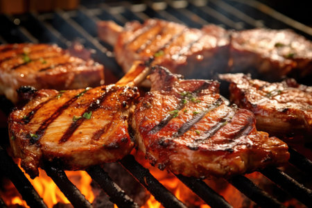 close-up shot of juicy pork chops on a hot bbq grill, created with generative aiの素材