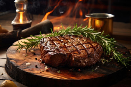 rib-eye steak with grill marks and smoky atmosphere, created with generative aiの素材