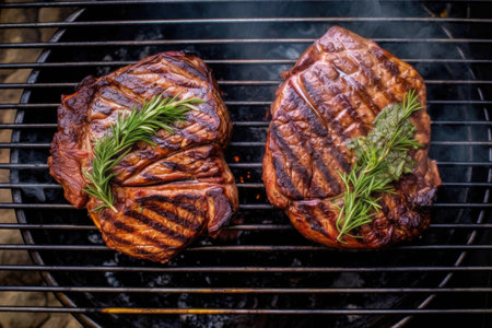 top view of ribeye steaks cooking on a charcoal grill, created with generative aiの素材