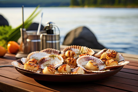 scallops in a seashell serving dish beside beach bbq, created with generative aiの素材