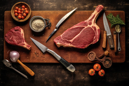 overhead view of t-bone steak and bbq tools, created with generative aiの素材