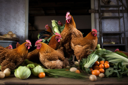 hens surrounding a pile of kitchen scraps, created with generative aiの素材