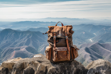 backpack on a mountain peak, overlooking a valley, created with generative aiの素材