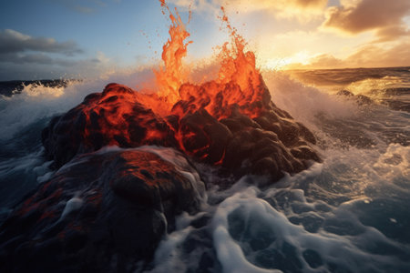 lava creating new land as it cools in the ocean, created with generative aiの素材