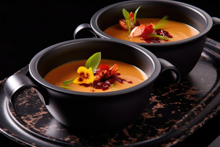lobster bisque in a bowl with garnish, created with generative aiの素材