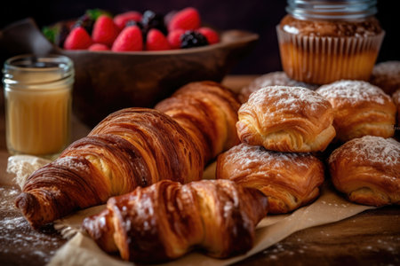 close-up of fresh croissants and muffins, created with generative aiの素材