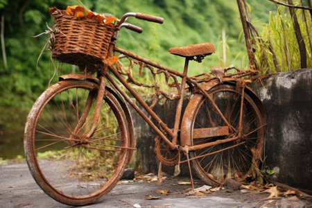 rusty vintage bicycle with a broken basket, created with generative aiの素材