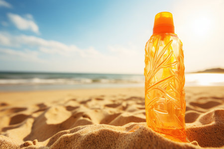 close-up of sunscreen bottle on sandy beach, created with generative aiの素材