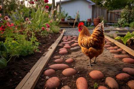 chicken footprints on soil in backyard garden, created with generative aiの素材