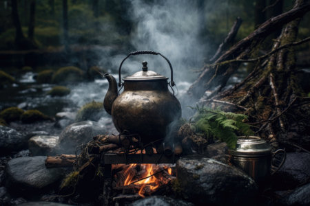 boiling water in a rustic kettle over campfire, created with generative aiの素材