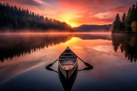 canoe floating on calm lake during sunrise, created with generative aiの素材