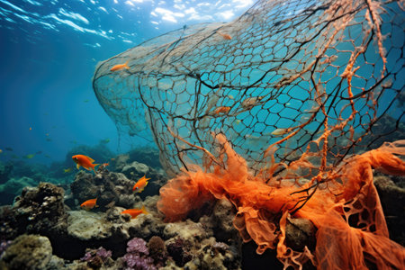 abandoned fishing nets tangled in coral reefs, created with generative aiの素材