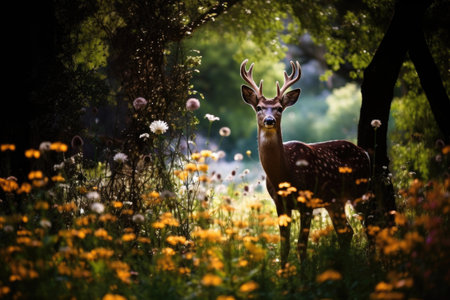 a deer grazing in a wildflower meadow near the garden, created with generative aiの素材