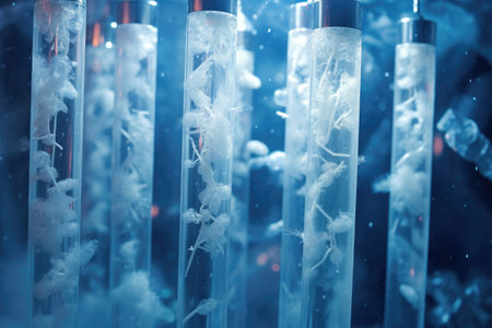 close-up shot of frost-covered cryopreservation vials, created with generative aiの素材