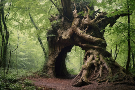ancient twisted tree trunk in dense woods, created with generative aiの素材