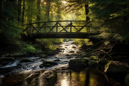 wooden bridge crossing a peaceful forest creek, created with generative aiの素材