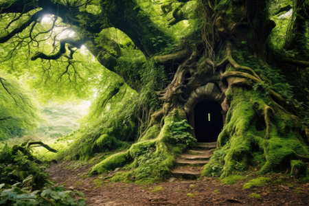 majestic ancient tree in the heart of the forest, created with generative aiの素材