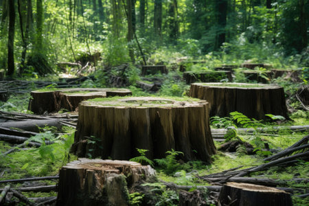 tree stumps in deforested area, sign of human impact, created with generative aiの素材