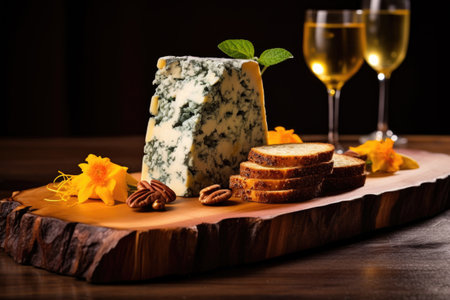 grilled blue cheese on cedar plank with garnish, created with generative aiの素材