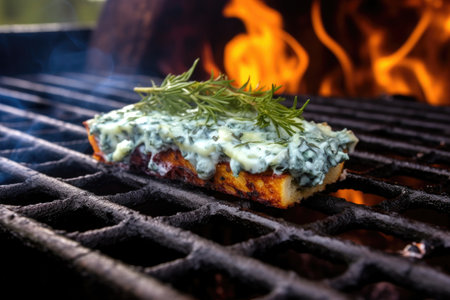 close-up of blue cheese melting on cedar plank over grill, created with generative aiの素材