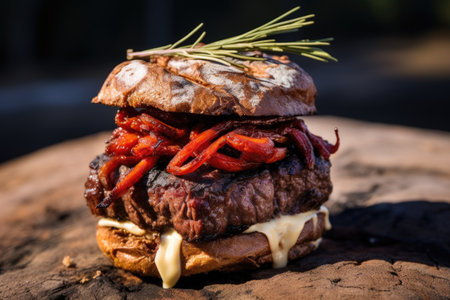 kangaroo burger with grill marks on a bun, created with generative aiの素材