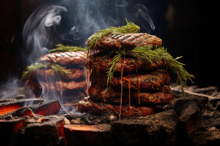 smoke rising from grilled kangaroo burgers, created with generative aiの素材