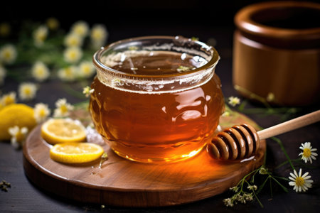 close-up of chamomile tea with honey and lemon, created with generative aiの素材