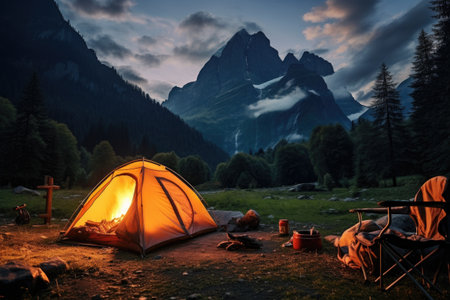 campsite with a tent and campfire in a mountain valley, created with generative aiの素材