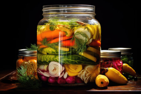 close-up of pickled vegetables in a glass jar, created with generative aiの素材