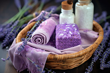 rolled up towels with lavender and bath salts in a basket, created with generative aiの素材