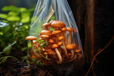 close-up of freshly harvested mushrooms in a grow bag, created with generative aiの素材