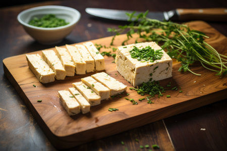 sliced homemade tofu on a wooden board, created with generative aiの素材