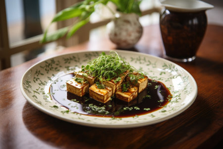 homemade tofu, soy sauce, and fresh herbs on a plate, created with generative aiの素材