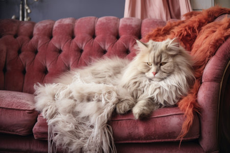 a soft, fluffy cat curled up on a cozy couch, created with generative aiの素材