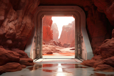mars habitat airlock door opening to red landscape, created with generative aiの素材
