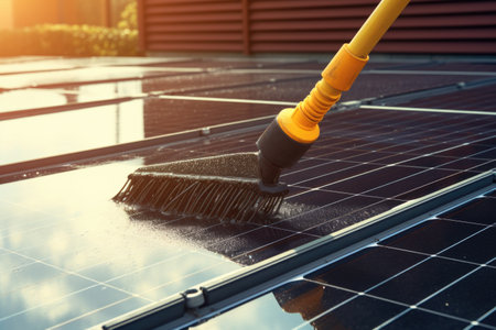 close-up of solar panels being cleaned with a brush, created with generative aiの素材