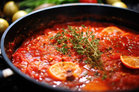 close-up of crushed tomatoes and spices simmering, created with generative aiの素材